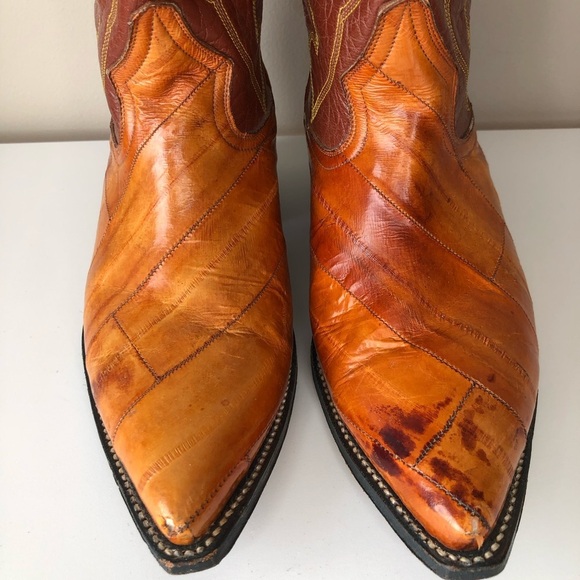 Vintage Sergey Cabrini Exotic EEL Cognac Brown Leather Western Cowboy Boots - Picture 3 of 15